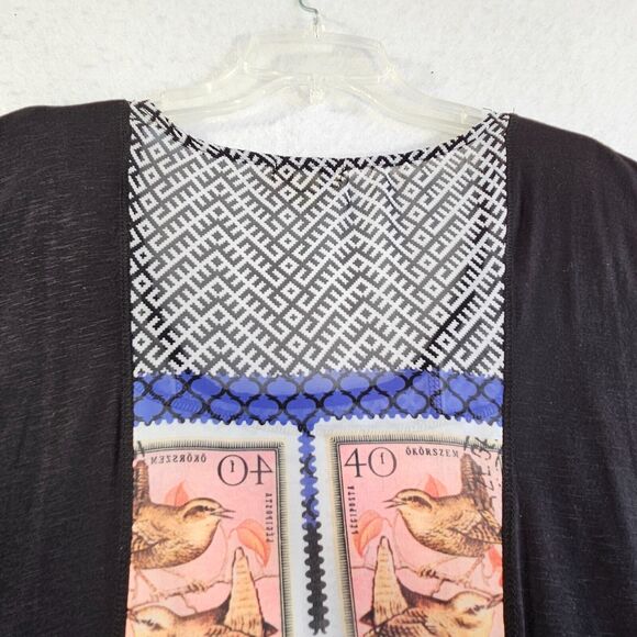 One World Blouse Womens Medium Black Yellow Dolman Short Cap Sleeve Boho Stretch - Picture 6 of 15